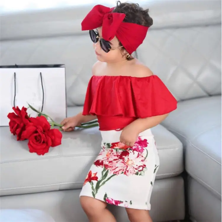 Set Pakaian Anak Perempuan Modis 2019, Atasan Lipit Merah + Rok Bunga + Bandana 3 Potong, Pakaian Anak Perempuan