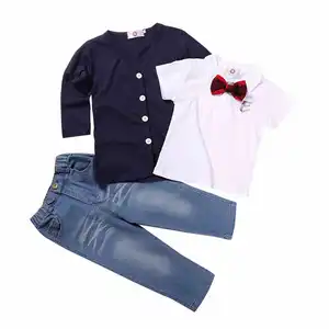 Ensemble de 4 pièces pour garçons, tenue cardigan, manteau, t-shirt, jean, nœud, vêtements pour enfants