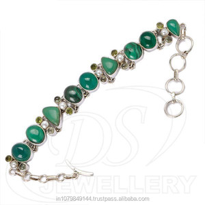 925 Sterling <b>Silver</b> <b>Chunky</b> Designer Solid Bracelet with Green Onyx Cab Gemstone for Christian Party Occasions Gift Purpose - Product Image 1