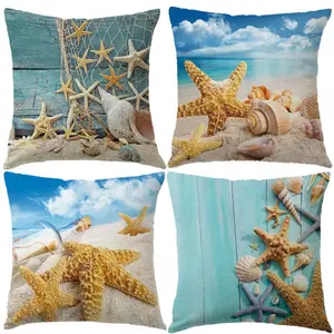 Housse de coussin au design créatif, taie d'oreiller décoratif d'extérieur, étoile de mer, coquillage, sable, conque, plage, maison