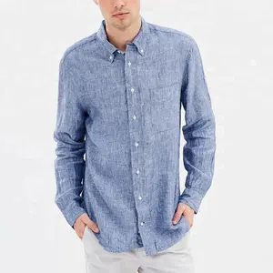 Custom 2021 New Design Mid Blue Long Sleeve Men Casual Pure linen Shirt