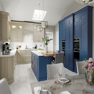 <span class=keywords><strong>Cuisine</strong></span> modulaire en bois massif bleu avec plan <span class=keywords><strong>de</strong></span> travail <span class=keywords><strong>blanc</strong></span> et îlot, design moderne - Product Image 2