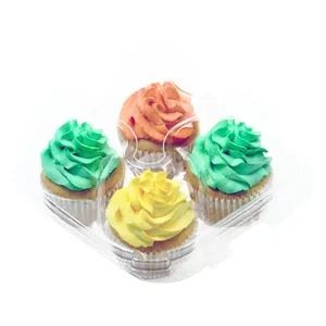 4 Count Bisagra Clamshell Square PET Plástico transparente Cupcake Contenedores Desechables Alimentos Blister Embalaje