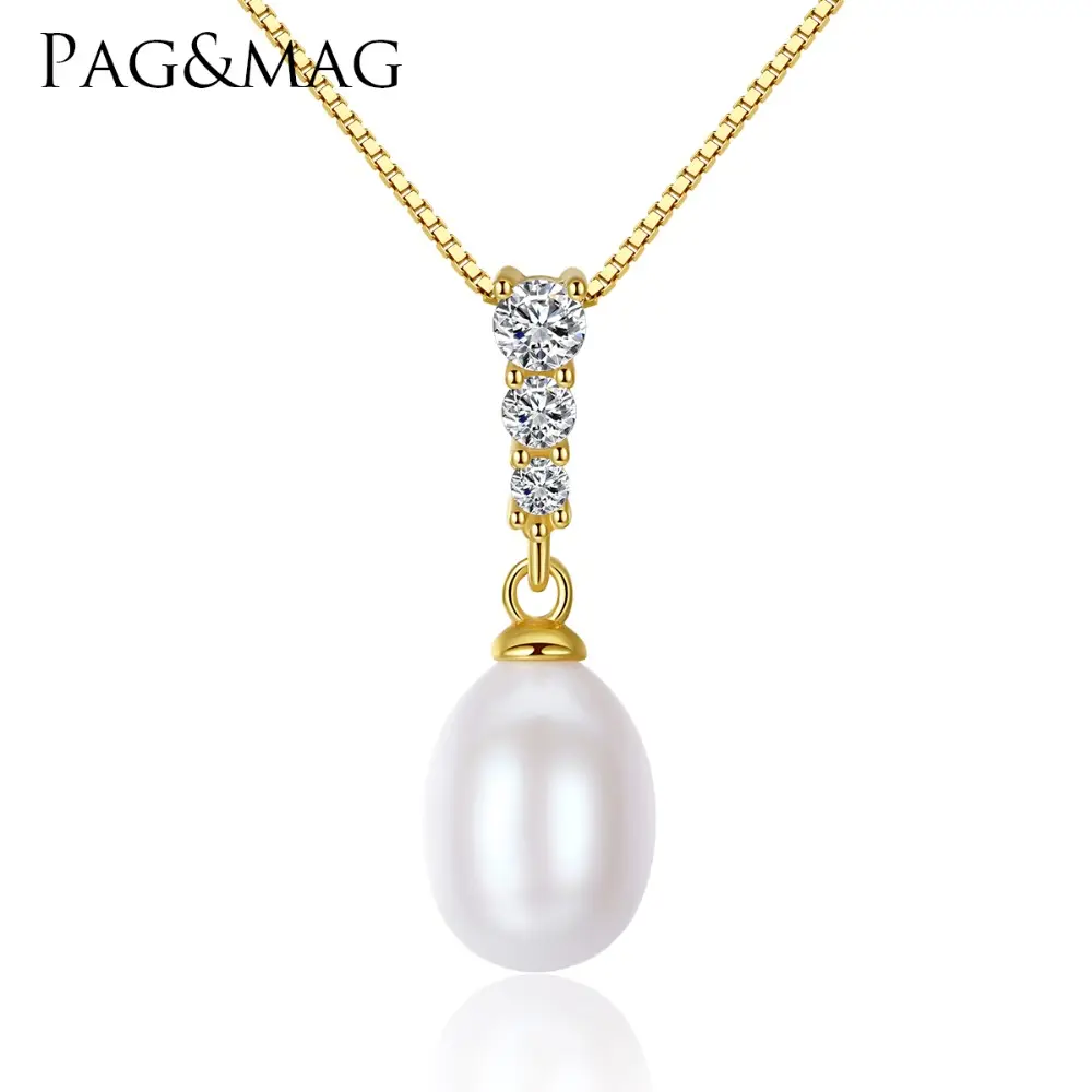LUOTEEMI Baru Kualitas Tinggi Merek Perhiasan 18K Emas Warna 8-9Mm Wanita 925 Sterling Silver Natural Pearl Liontin Kalung