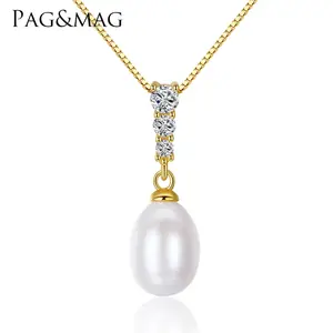 LUOTEEMI New High Quality Brand Jewelry 18K Gold Color 8-9mm Women 925 Sterling Silver Natural Pearl Pendant Necklace