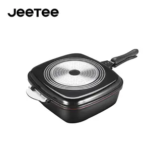 JEETEE OEM Dòng Cổ Điển Đúc Nhôm Grill Pan Đôi Cảm Ứng Dưới Cùng Hai Mặt Nướng Khay Có Thể Tháo Rời Đôi Fry Pan