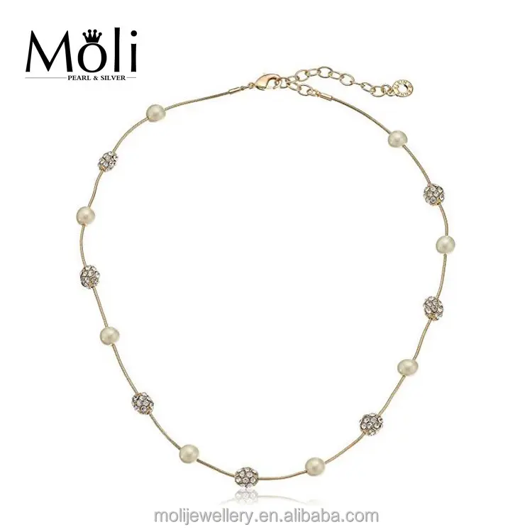 Collar de perlas de cadena de acero inoxidable chapado en oro con cuentas de cristal metálico de moda