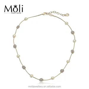 Fashion Metallic Crystal Beads Gold Plated Stainless Steel Chain Pearl Necklace Jewellery