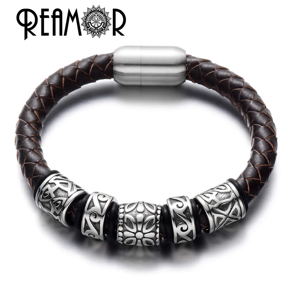REAMOR Highest Polished Stainless Steel Vine & Flower Beads Braided Genuine Leather Bracelet for Men and Women Magnetic Buckle