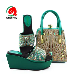 Queency Latest Evening Peacock Clutch Bag And Slippers Nigeria Party Shoes And Bag Set