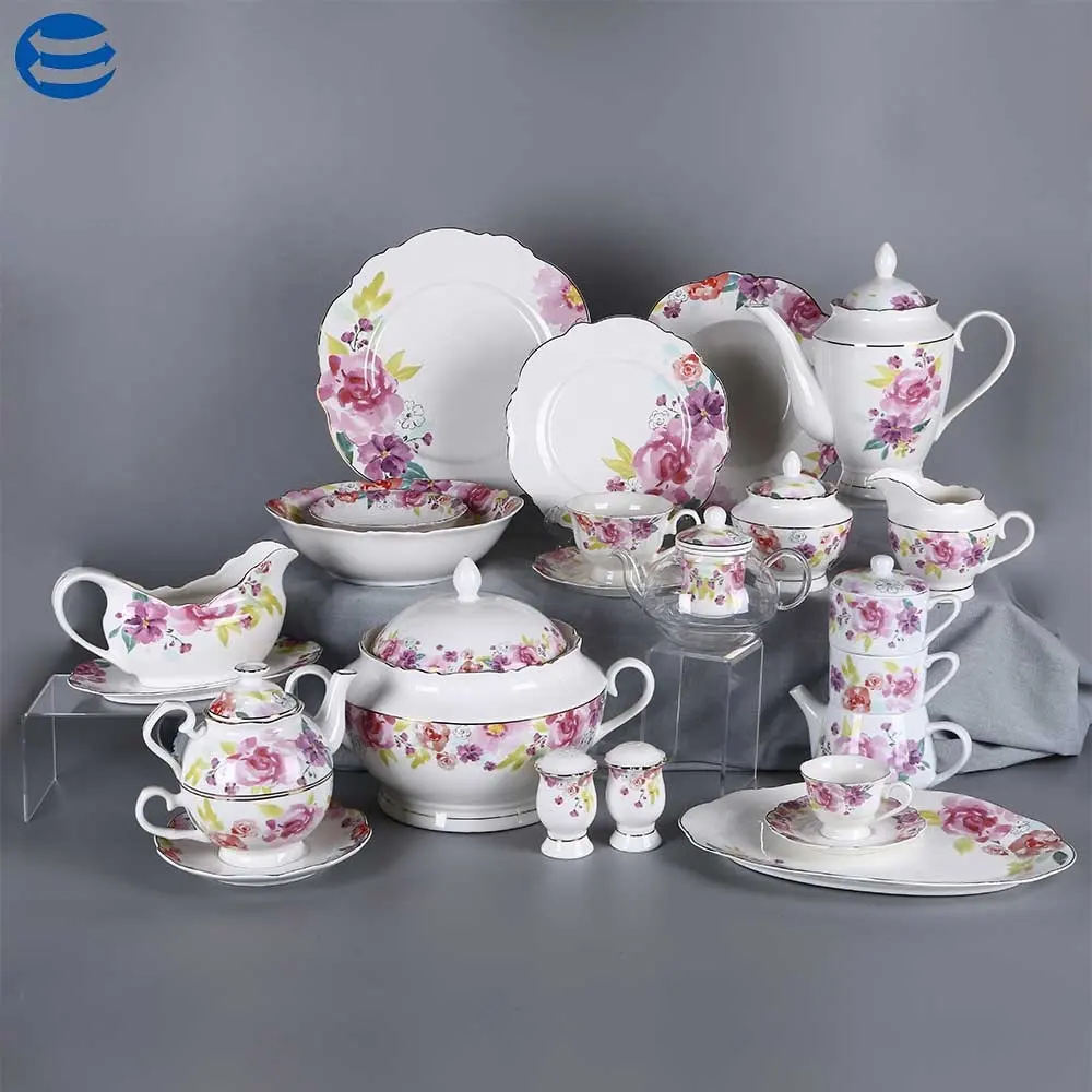 Service de table en porcelaine royale, d'excellente qualité, motifs floraux roses, excellente vaisselle fine vaisselle