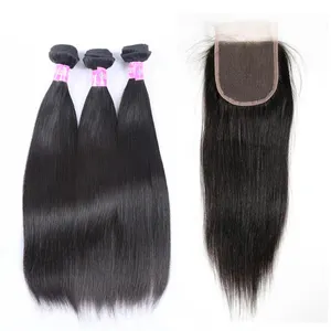 Msmary 9A 3 Bundles With Closure Human Hair Extensions 100% Unprocessed Virgin Raw Indian Hair