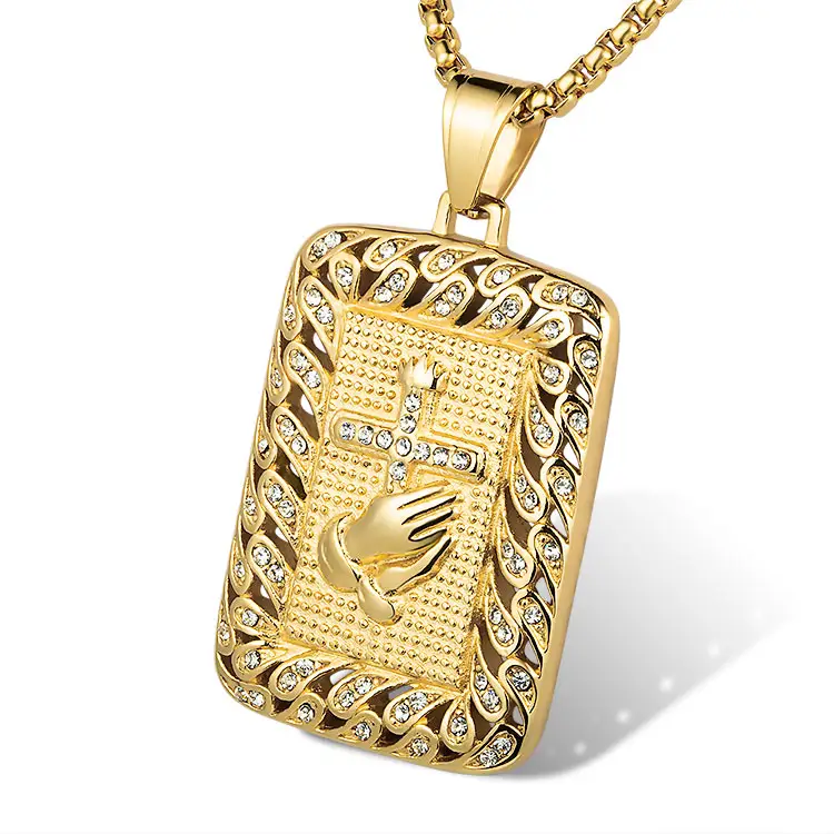 Stainless Steel Large Mens Gold Jesus Praying Hand Pendant Hip Hop Christian Necklace Store