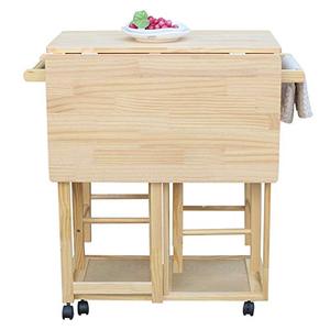 Drop Leaf Table <strong>with</strong> 2 Square Stools and 2 <strong>Drawers</strong> Solid Wood Kitchen Table and Chair Set Island Cart <strong>Trolly</strong> Breakfast Bar - Product Image 3
