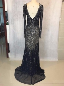 Abito da Sera Sexy <span class=keywords><strong>Nero</strong></span> Scintillante con Perline, Stile Sirena, Maniche Lunghe, Lussuoso con Strass Trasparenti, <span class=keywords><strong>Vestito</strong></span> da Cerimonia ML266 - Product Image 2
