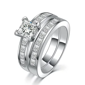 Groothandel mode 2 in1 sieraden white gold big cz stonewedding ring band set voor vrouw vrouwen R577-M