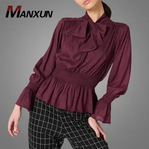 Musim Gugur Baru Wanita Warna Solid Merah Marun Lengan Panjang Atasan Blus Disesuaikan Cocok Busur Simpul Kantor Blus Desain