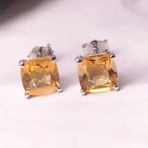 new design delicate simple gemstone jewelry 925 sliver 18k gold plated 6mm natural citrine stud earring for women