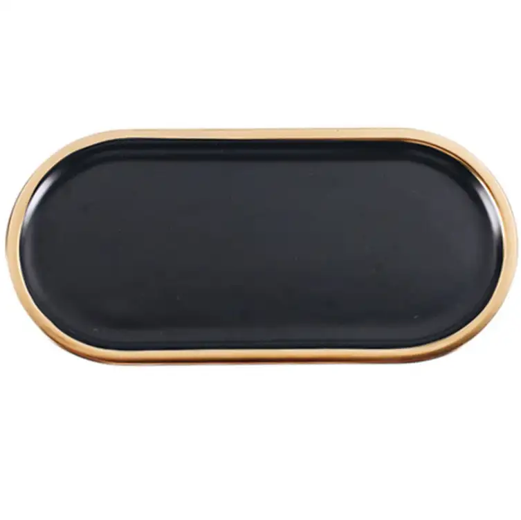 Nordic creativo nero gioielli in oro porcellana ovale piatto piatto da dessert in ceramica vassoio