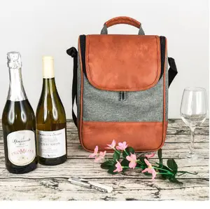 Bolsa de vinho de couro durável, bonita aparência, garrafa de vinho, 2 garrafas, saco refrigerador de vinho, piquenique