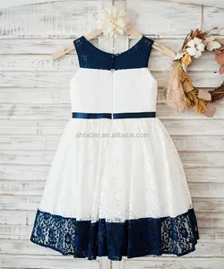 Ivory\Navy Blue Stripe Lace Wedding Flower Girl Dress Kids Birthday Party Dress Toddler Baby Girl Dress