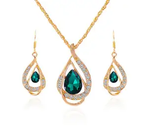 Queena Europese Dubbele Water Drop 3 Kleuren Nieuwe Mode Goud Ketting Earring Sieraden Sets