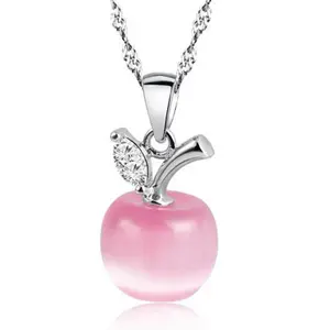 Green Pink Apple Opal Lovely Gift For Women Wholesale Alloy Silver Long Chain Fruit Charm Pendant Necklace Jewelry