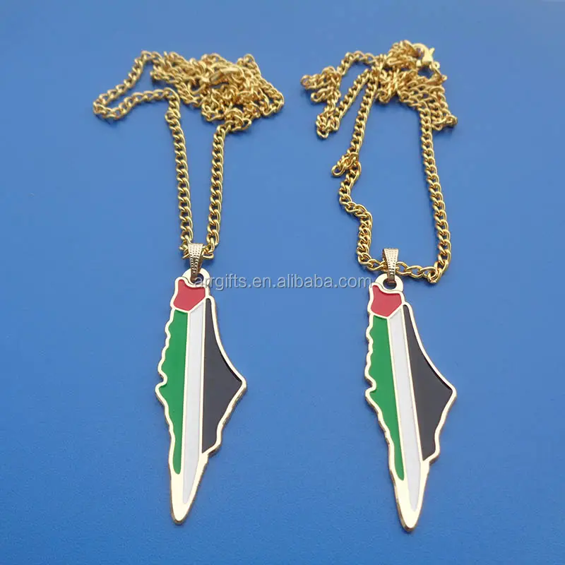 Palestine enamel national flag gold necklace, promotion gifts country flag and map metal necklace charm