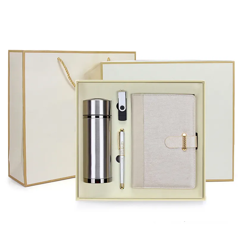 DH Factory Wholesale Company Business Gifts Metal and PU Luxury VIP Office Stationery Gift Set Vacuum Cup Pen Notebook U Disk