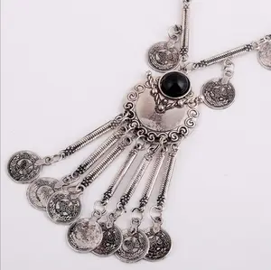 Collier et pendentif Vintage bohème tibétain en argent pour femme, pièce de monnaie, gitane, bijoux ethniques, tribaux turcs, Long,