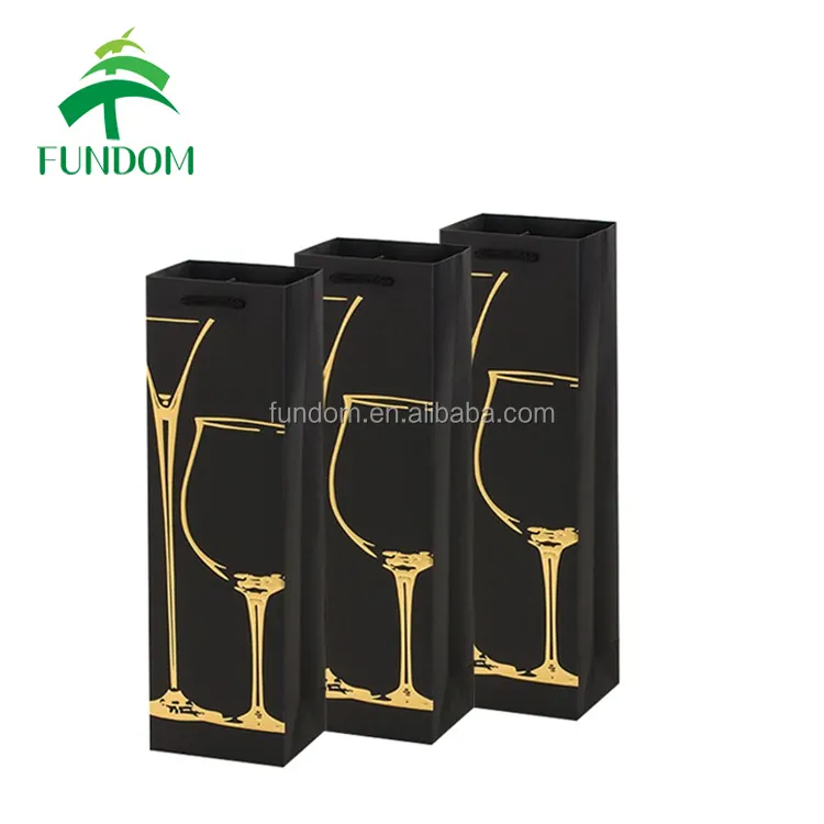 사용자 정의 종이 와인 가방 골드 스탬핑 로고 사용 가능 광고 종이 와인 가방 로프 핸들