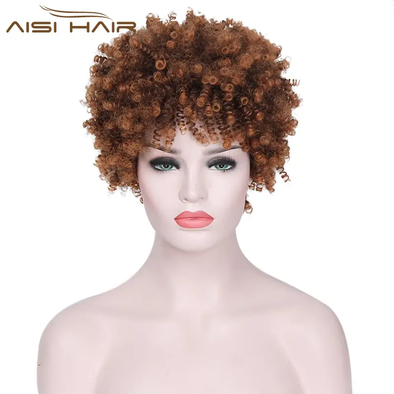 Aisi Wig Sintetis Warna Coklat Pendek, Wig Sintetik Afro Keriting Tahan Panas Gaya Baru untuk Wanita Warna Hitam