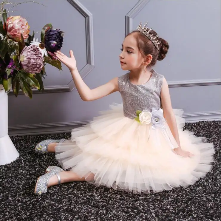2019 अमेरिकी बाजार सेक्विन केक पोशाक बच्चे पार्टी पोशाक उच्च गुणवत्ता राजकुमारी लड़की बच्चे पार्टी पहनने पोशाक