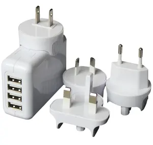 Pengisi Daya AC Dinding Adaptor Perjalanan Internasional Kualitas Tinggi dengan 4 Port Usb