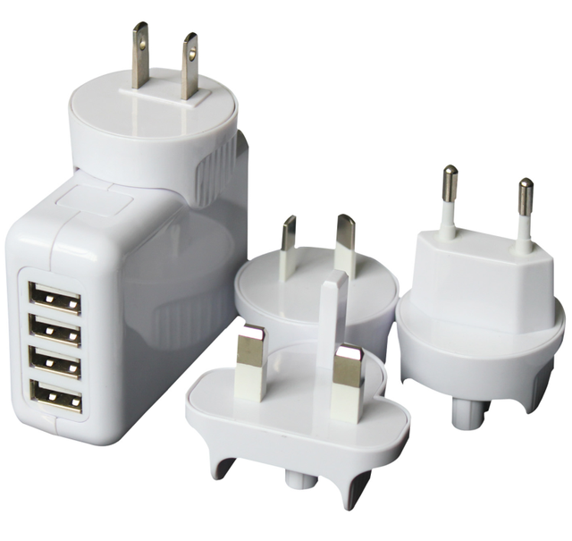 HHT-4U Cube Universal Travel Plug with EU/UK/AUS/US High Quality Wall AC Charger with 4 Usb Ports for Phone Computer