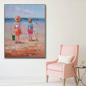 Palette Knife Cut Boy and Girl Playing on Beach canvas wall art colorful Kids Figure & Portrait Paintings
