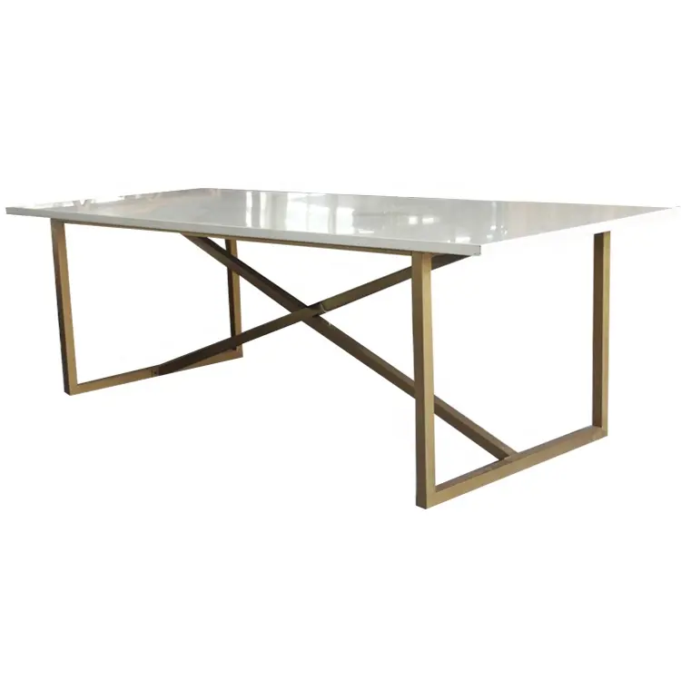 MRS WOODS Design moderno e popolare piano in marmo bianco a 8 posti con tavolo da pranzo con Base in acciaio dorato