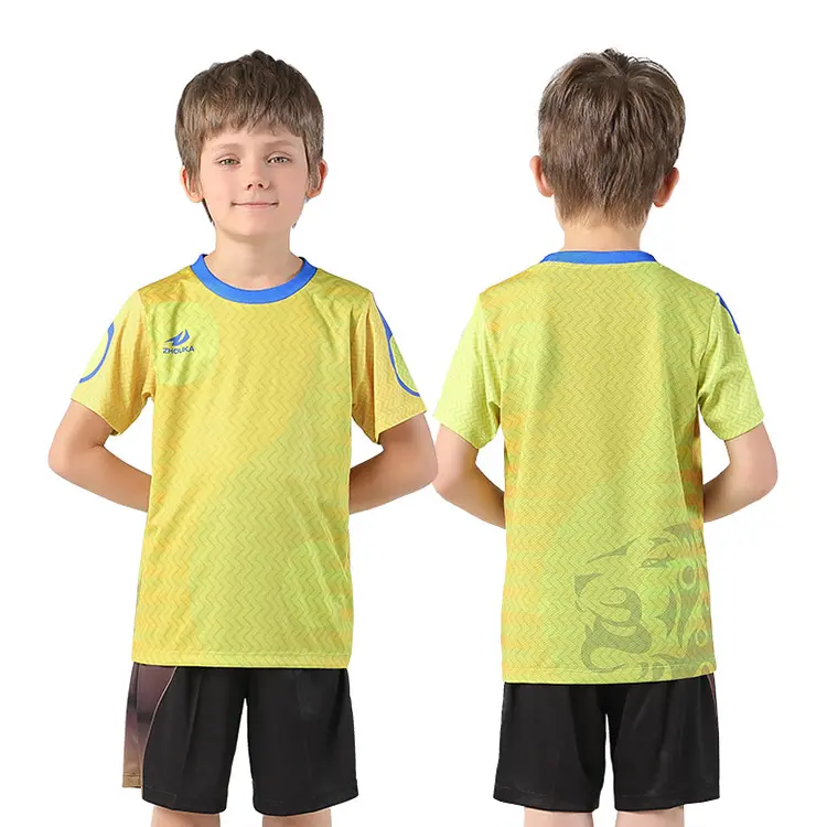 Alta calidad cómodo tejido Jersey de fútbol diseño lindo amarillo niños Jersey de fútbol modelo