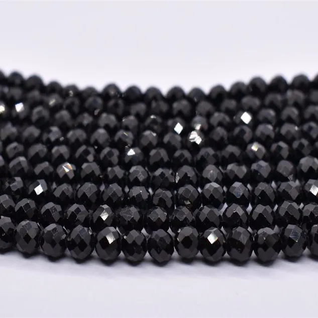 Pedra preciosa natural lisa 2mm 3mm 4mm, pedra de turmalina preta facetada, miçangas soltas para fabricação de jóias
