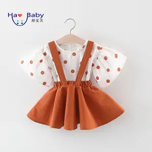 Hao roupas infantis, roupas coreanas para crianças, atacado, cor sólida, bolinhas, camisa de manga curta com saia, roupas para meninas