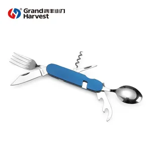 No MOQ hot sale promotional multi tool metal camping utensil knife fork spoon cutlery set with aluminum handle