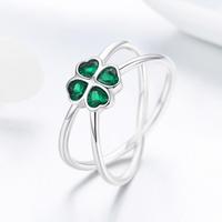 BAGREER SCR196 Coréen Vert Chanceux Quatre Feuilles CZ Pierre Double Ligne Trèfle Bague S925 Argent Dame Mode Bague Femmes Bijoux