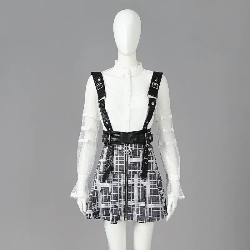 White Soft Tulle Blouse And Plaid Grey Print Sexy Women 2 Piece Set Clothing Mini Ladies Skirt Suits