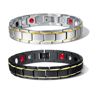 Two Tones IP Black Magnetic Ion Negative Stones Stainless Steel Men's Bracelet