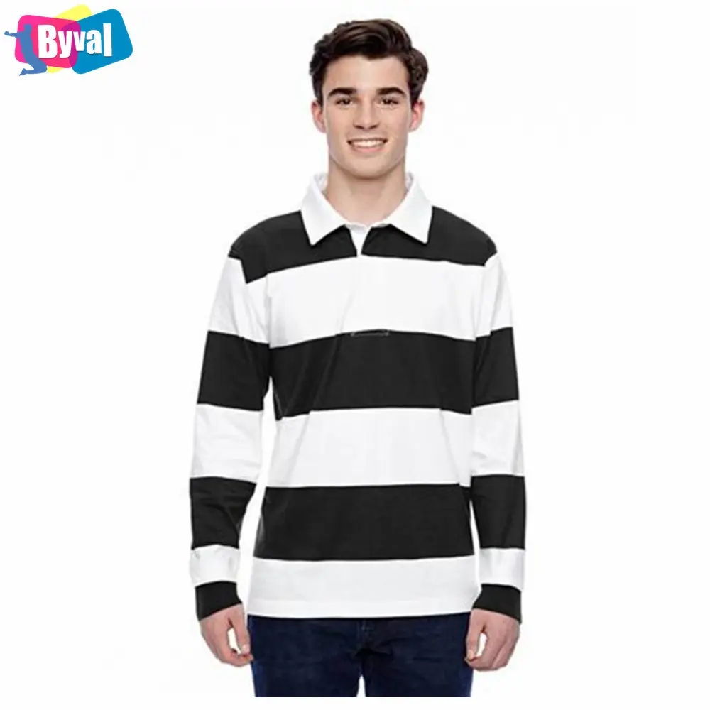 Customize Anti-shrink Polyester Cotton Rugby Polo Custom Logo Striped Long Sleeve Polo T Shirt Mens' Rugby Polo Shirts