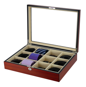 Factory Customization Handmade Wooden <strong>Tie</strong> <strong>Box</strong> Cherry 12 Slots Mens Packaging Belt <strong>Box</strong> With Clear Glass Lid - Product Image 1