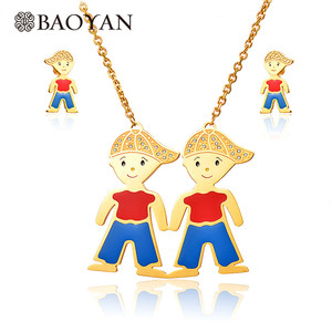 joyas juego grande dos ninos lindo brillante collar y aretes en acero quirugico dorado - Product Image 1