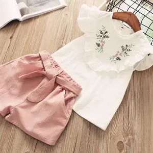 Yaz Kore versiyonu online sıcak nakış moda çiçek kısa kollu gömlek şort iki adet giyim çocuklar için