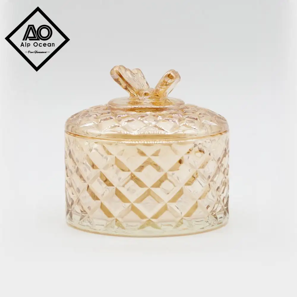 glass candle jar with lid, candle jar glass with gold luster decoration from AO Glassware retro-style Candles Holders