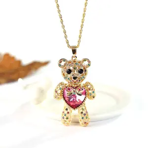 Kalung rantai panjang liontin beruang Teddy Bling besar hati cinta kristal grosir perhiasan berlapis emas hewan lucu untuk wanita